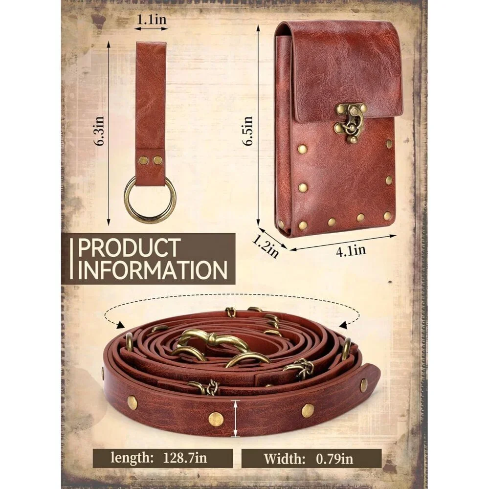 Medieval Belt Accessories Faux Leather 3pc Set Adjustable Chain Fitting Costume